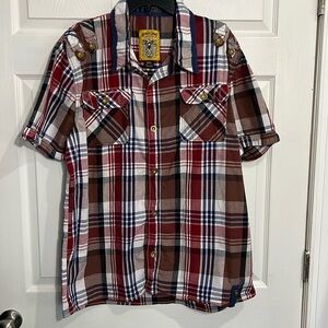 URBAN LABEL Men's Red White Blue Plaid Short Sleeve top button down - Size 2XL